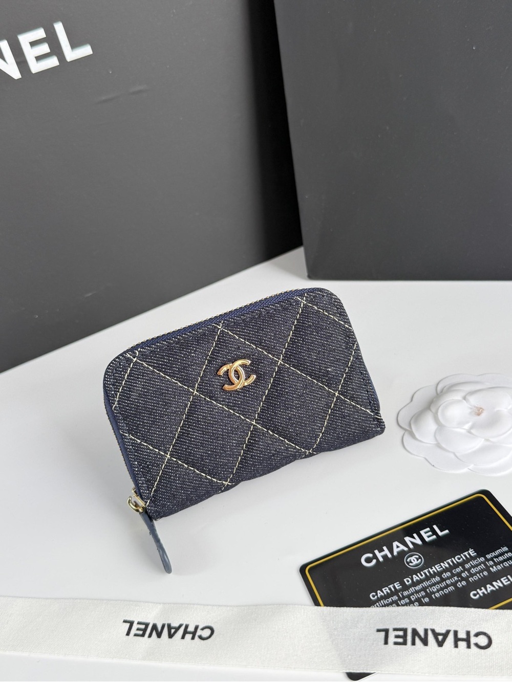 CHANEL Quilted Denim Card Pouch - Navy with Gold Hardware